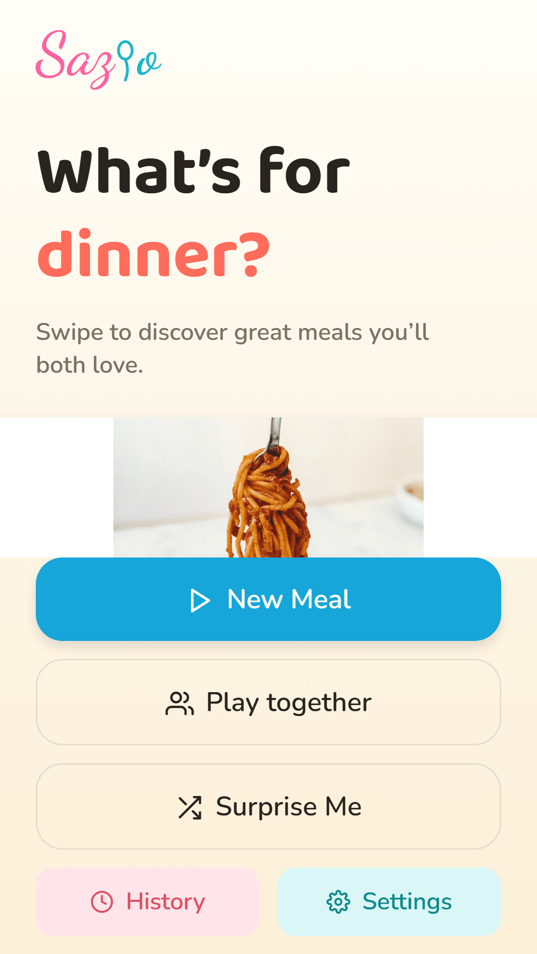 The Sazio home screen asking “What’s for dinner?”