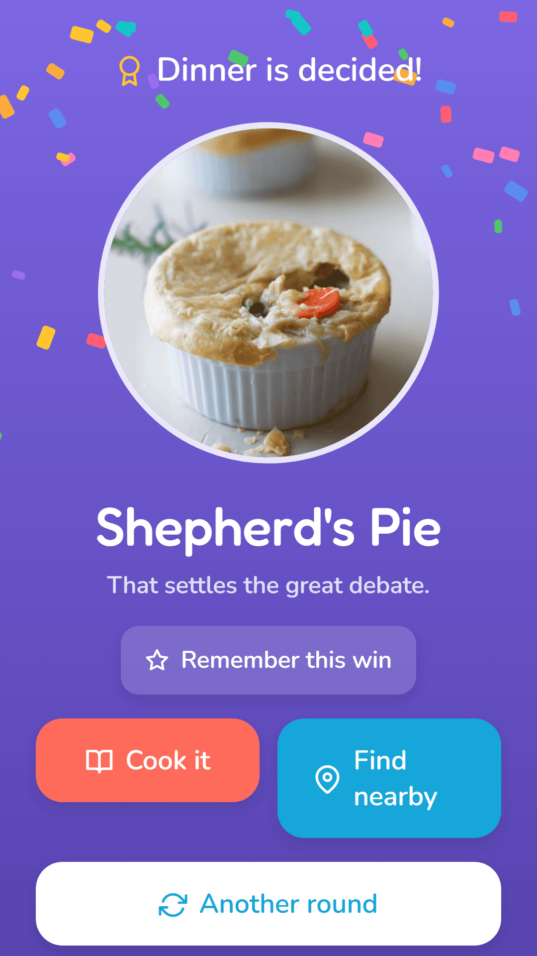 The result screen announcing dinner is decided